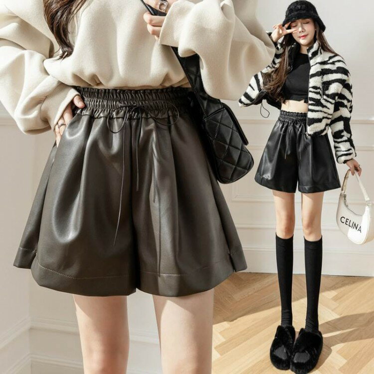 2色 ショートパンツ レザー 合皮 ミニ丈 ワイドレッグ ハイウエスト かわいい かっこいい カジュアル ..