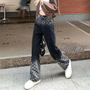 ボトムス パンツ ジーンズ デニム ロング丈 春 秋 ブラックグレー 黒 灰色 チェック柄 市松模様 大きいサイズ ハイウエスト ワイドレッグ おしゃれ かわいい カジュアル ジッパー