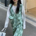 オーバーオール サロペット オールインワン レディース 緑 グリーン チェック かわいい 大人可愛い かっこいい おしゃれ カジュアル こなれ感 S M ゆったり インスタ映え 10代 冬 秋 春