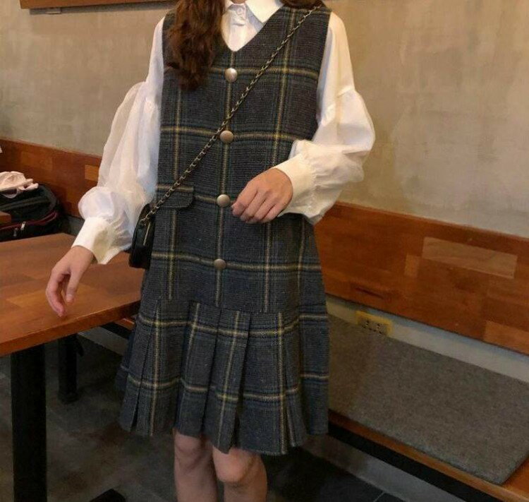 セットアップ ジャンバースカート チェック柄ワンピース シャツ ブラウス 白シャツ ショート ショート丈 長袖 ボリューム袖 パフスリーブ おしゃれ カジュアル 大人可愛い かわいい