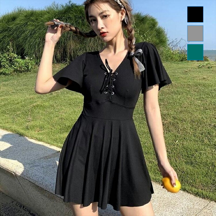 3色 ワンピース 水着 スカート 無地 半袖 体型カバー 大きいサイズ 2xl 3xl 4xl 5xl キュート フレア ..