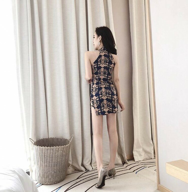 キャバ ドレス チャイナドレス レディース ミニ 超ミニ セクシー ノースリーブ オリエンタル 柄 ネイビー 金色 個性的 かっこいい クール 大人 細身 キャバ嬢 おしゃれ スタンドカラー