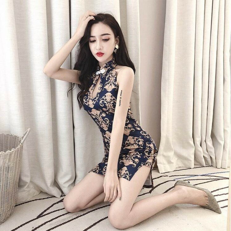 キャバ ドレス チャイナドレス レディース ミニ 超ミニ セクシー ノースリーブ オリエンタル 柄 ネイビー 金色 個性的 かっこいい クール 大人 細身 キャバ嬢 おしゃれ スタンドカラー