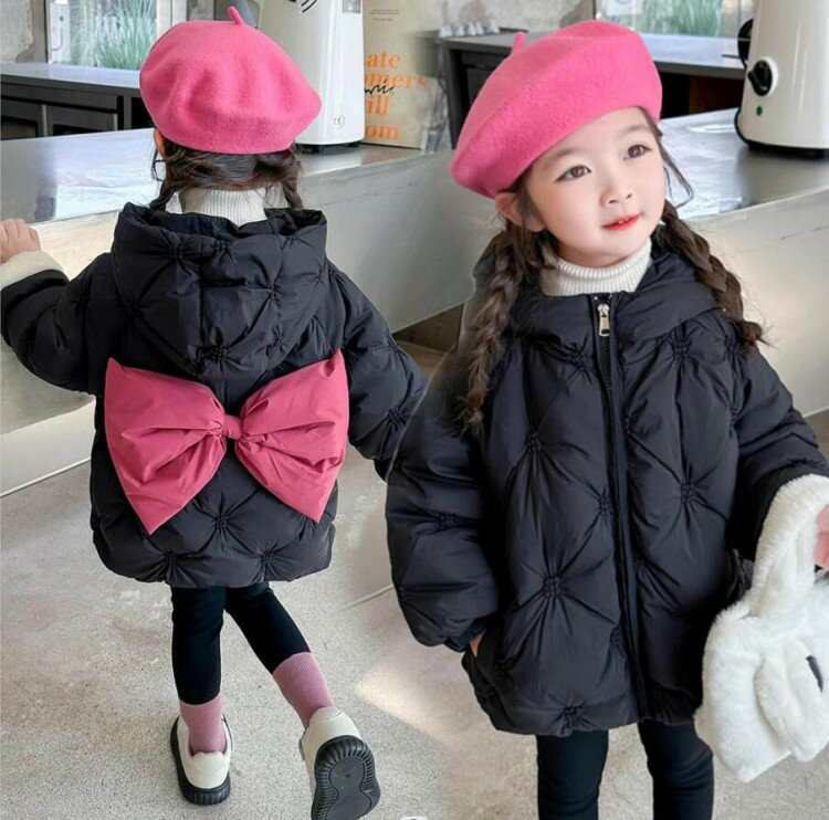 キッズ ベビー ダウン ジャケット ダウンコート 女の子 子供服 女児 可愛い キッズコート 中綿 アウター 秋冬 冬服 厚手 あったか フード付き バックリボ...