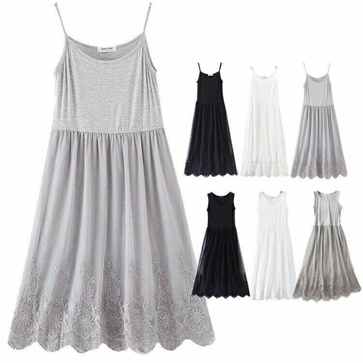 レースロングペチワンピース ロングワンピース レディース インナー 調節可能 ノースリーブ キャミソー..