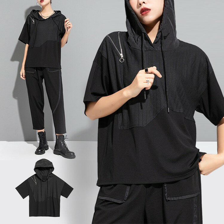 パーカー フード付き レディース 春夏 フーディー トップス プルオーバー 半袖 異素材 カットソーオーバーサイズ 無地 バイカラー ブラック シンプル レイヤード風(4)