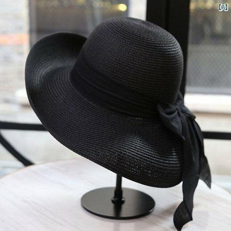 レディースファッションおしゃれ韓国帽子 夏 太陽 帽子 ブラック 旅行 ファッション 海辺 ビーチ つば広 レディース 麦わら 付き