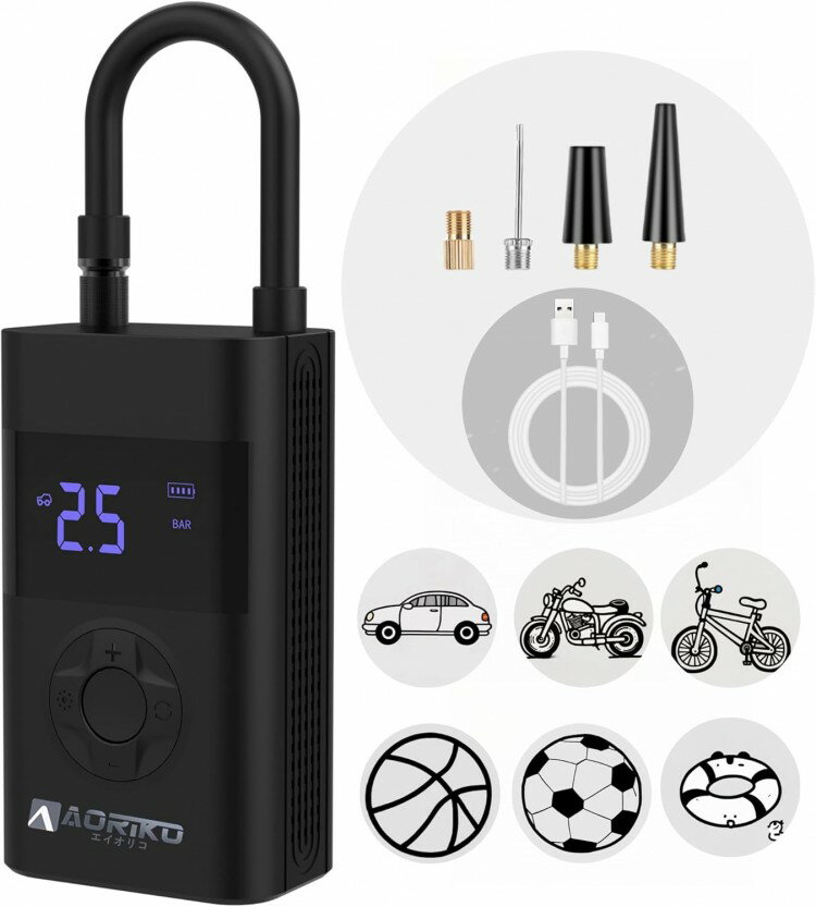 Aoriko 電気空気入れ ポータブル エアー コンプレッサー ボタン押すだけ簡単操作 軽い 小型 英式 米式 仏式 ママチャリから車まで 自転車 その他 バイク 車 ボール コ 自動 浮き輪、電動