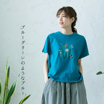 【ストライププリント刺繍ドルマンTシャツ】レディース/トップス/半袖/大人の/ナチュラル/カジュアル/イマゴ/夏/麦わら帽子/サンダル/浮き輪