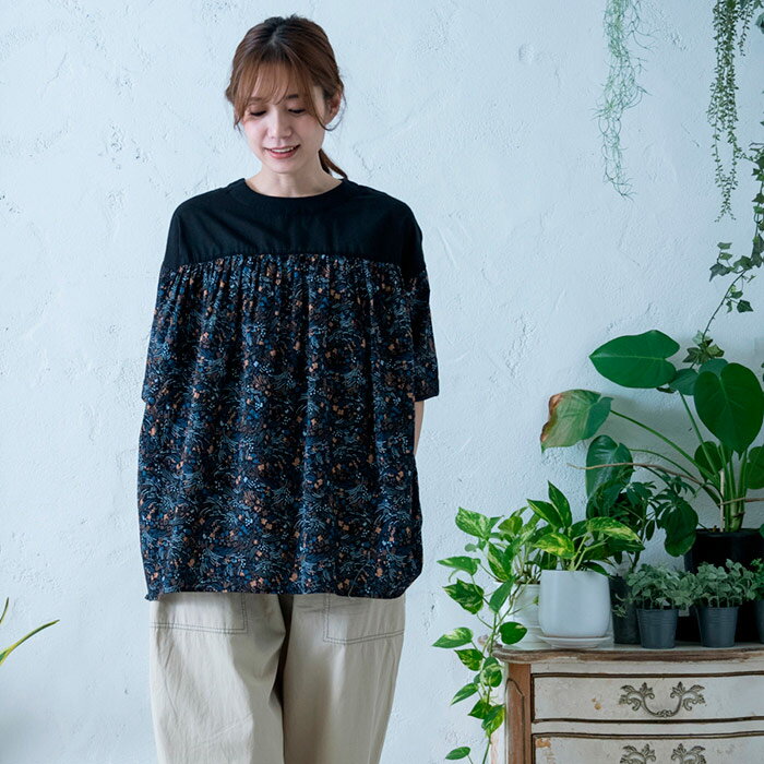 塩縮プリントチュニック レディース トップス 半袖 大人の ナチュラル カジュアル イマゴ 花柄 アニマル 総柄 ゆったりめ