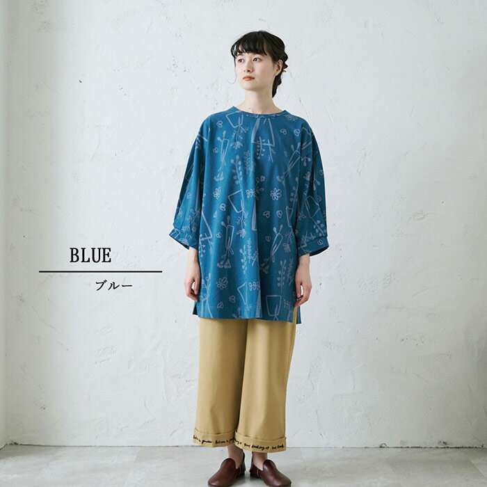 総柄プリントタック袖チュニック レディース トップス 長袖 大人の ナチュラル カジュアル イマゴ ボタニカル 植物