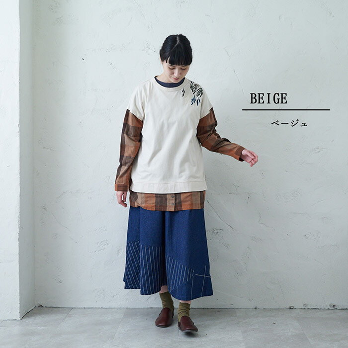 レイヤード風プルオーバー レディース トップス 長袖 大人の ナチュラル カジュアル イマゴ チェック 植物 刺繍