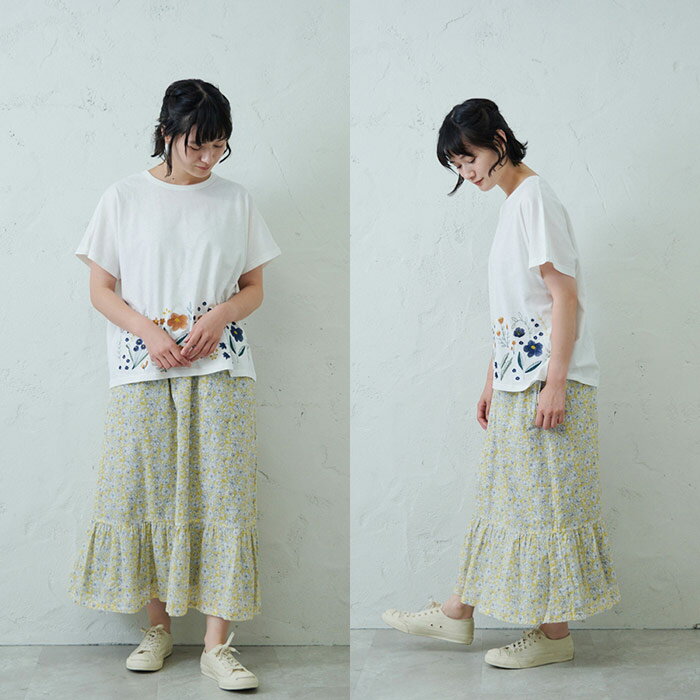 裾花刺繍ドルマンTシャツ emago レディース トップス 半袖 ナチュラル カジュアル ...