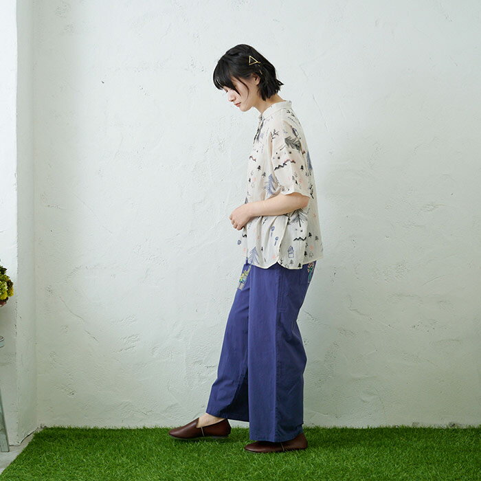 山と植物総柄刺繍ブラウス emago 夏 ブラウス お花 刺繍 かわいい 5分袖 大人の ナ...