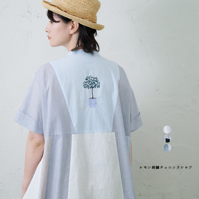 樂天商城 - レモン刺繍チュニックシャツ emago トップス 半袖 ナチュラル カジュアル 北欧 大人の