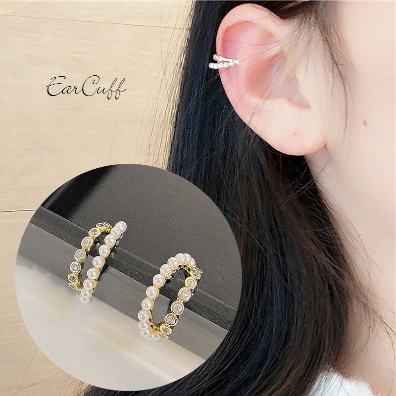 送料無料 イヤーカフ ノンホール 両耳用 アクセサリー レディース 女性 ラインストーン フェイクパール ゴールドカラー 2連 華やか おしゃれ かわいい デー...