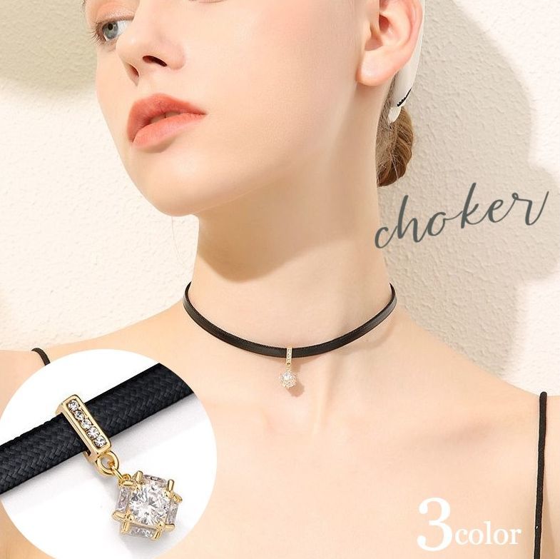 送料無料 チョーカー ネックレス レディース 女性用 アクセサリー ゴールドカラー シルバーカラー ラインストーン キューブ レザー調 ワンポイント 上品 シン...