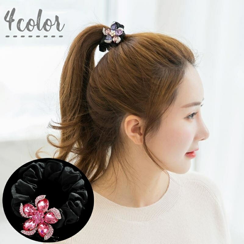 送料無料 シュシュ ヘアゴム ヘアアクセサリー 髪飾り レディース 女性 アクセサリー ファッション小物 ラインストーン ビジュー フラワー 花 まとめ髪 髪留...