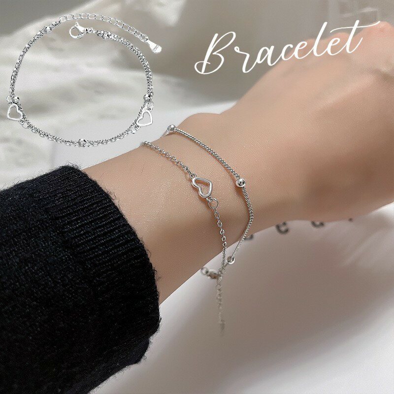 送料無料 ブレスレット レディース アクセサリー シルバーカラー チェーン 2連風 華奢 細め ハートモチーフ ボール 高見え 高級感 シンプル 上品 エレガン...