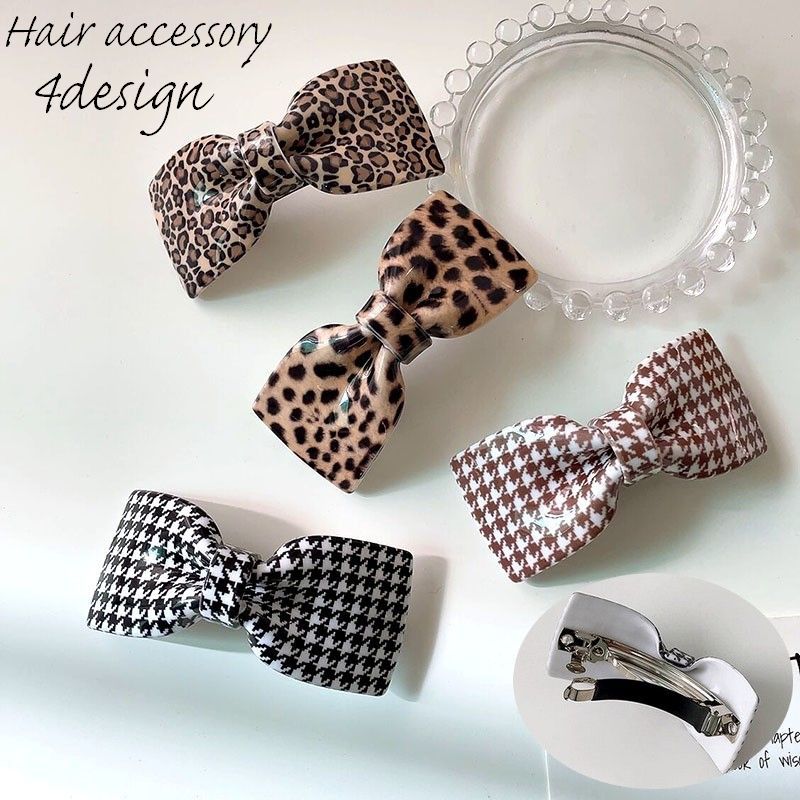送料無料 バレッタ レディース 女性用 ヘアアクセサリー 髪留め 髪飾り リボン ヒョウ柄 ダルメシアン柄 千鳥格子 レオパード 可愛い おしゃれ 大人女子 ヘ...