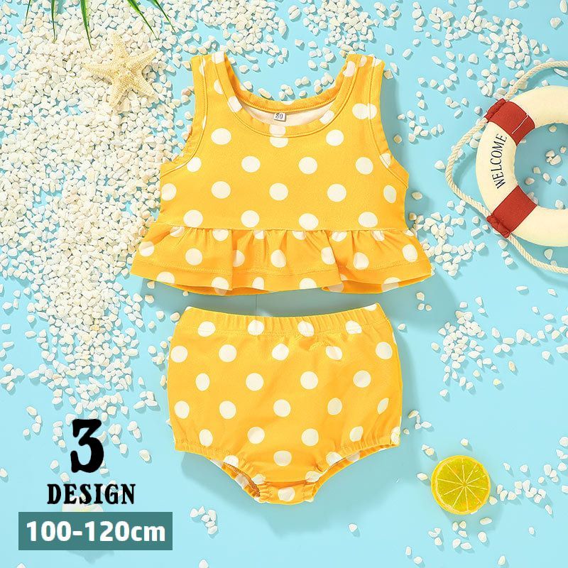 送料無料 水着 スイムウェア 上下セット キッズ 子供用 女の子 セパレート 裾フリル 水玉 水泳用品 タンキニ ラウンドネック ノースリーブ 可愛い プール 海水浴 水遊び リゾート 女子 こども用