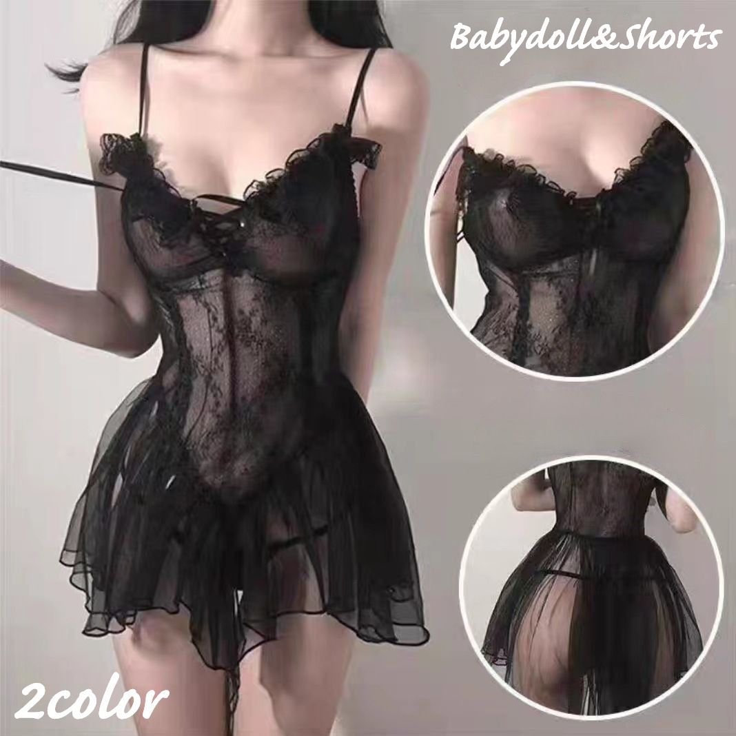 送料無料 ベビードール Tバックショーツ 2点セット レディース 女性用 インナー 下着 ランジェリー セクシー レース チュール レースアップ ミニ丈 Vネッ...