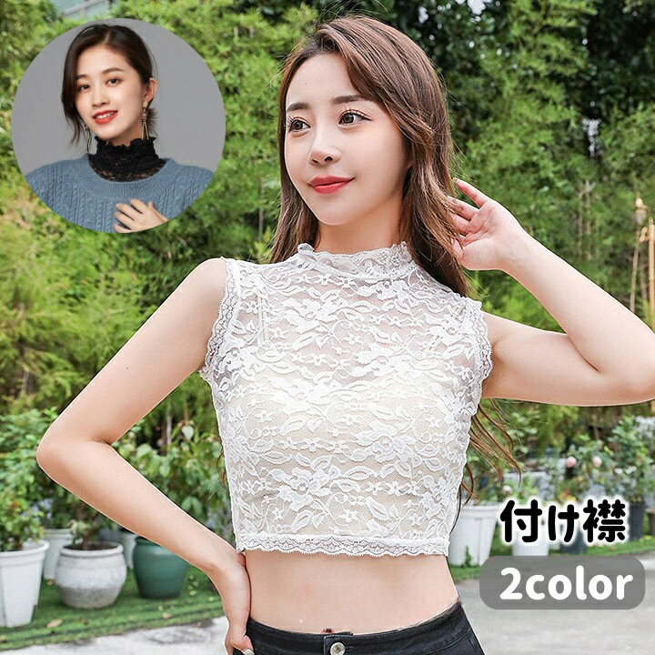 送料無料 付け襟 つけ襟 レディース 女性用 ハイネック 総レース シースルー 透け感 重ね着風 ノースリーブ おしゃれ 可愛い フェミニン 単色