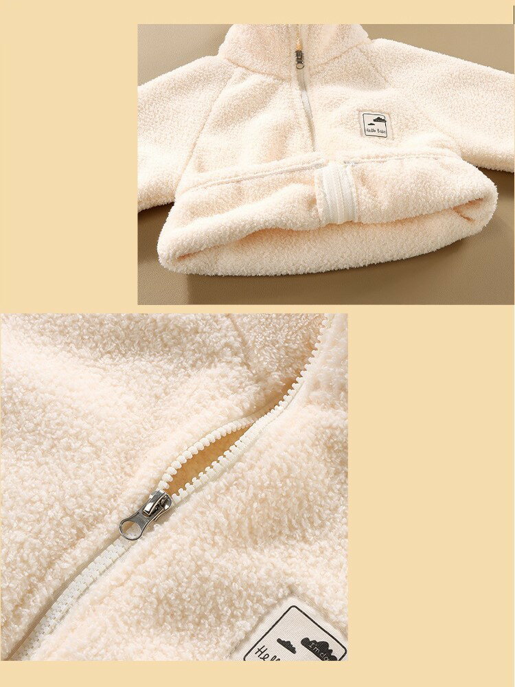 送料無料 フリースジャケット キッズ 子供服 子ども服 女の子 男の子 ユニセックス 男女兼用 お揃い ペアルック アウター 上着 防寒具 長袖 ハイネック スタンドカラー チャック ジッパー ジップアップ 袖ゴム ラグランスリーブ ワッペン ピンク ブラウン オフホワイト シン 2