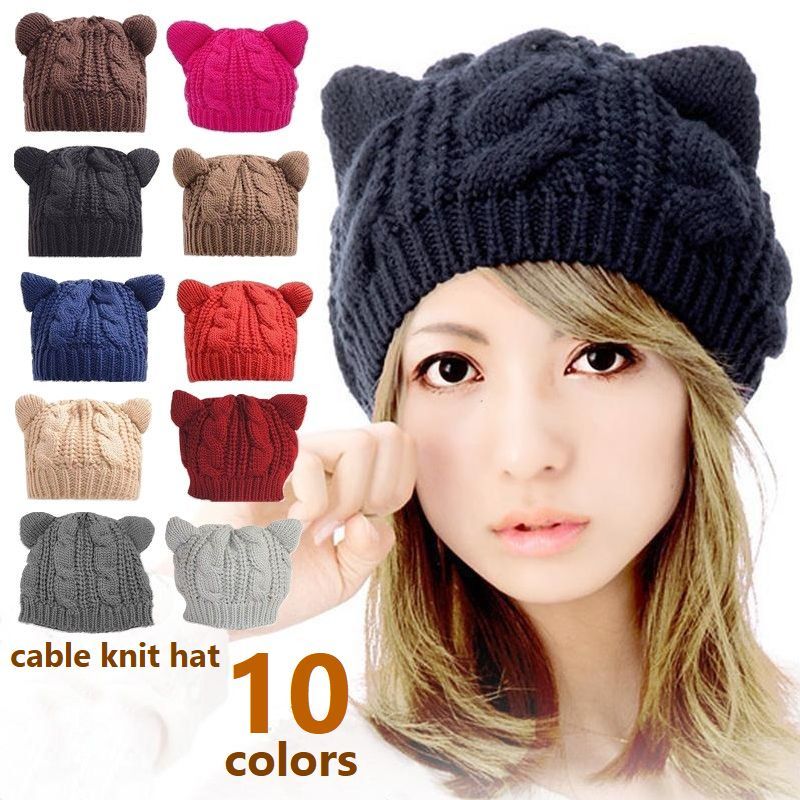 送料無料 ニット帽 ニットキャップ 耳つき 帽子 レディース ケーブル編 ビーニー 秋冬 防寒 無地 ローゲージ バルキー レッド ブルー ブラウン ブラック