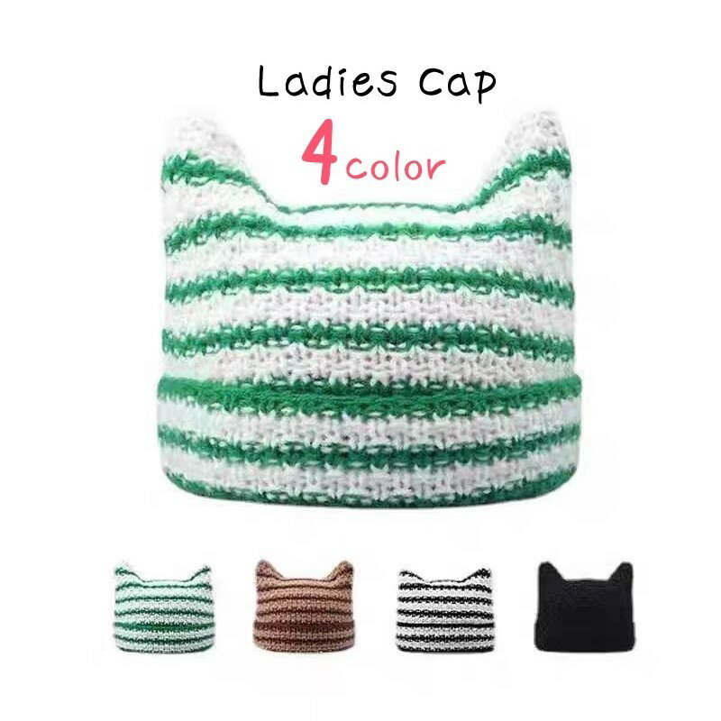 送料無料 ニット帽 ニットキャップ レディース 女性 帽子 ぼうし ファッション雑貨 猫耳 ネコ耳 角 ツノ 総柄 無地 ボーダー ブラック カーキ グリーン シンプル カジュアル ポップ ガーリー キュート 可愛い おしゃれ 秋 冬