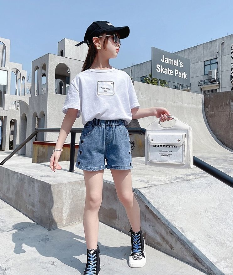 送料無料 ショートパンツ キッズ 女の子 短パン ショーパン ハーフパンツ ショート丈 ウエストゴム デニムパンツ かわいい おしゃれ シンプル カジュアル 2