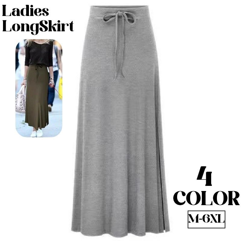 送料無料 ロングスカート レディース 女性 ウエストゴム Aライン スカート ロング丈 大きいサイズ スリット リブ 伸縮 シンプル カジュアル 着回し お出かけ 旅行