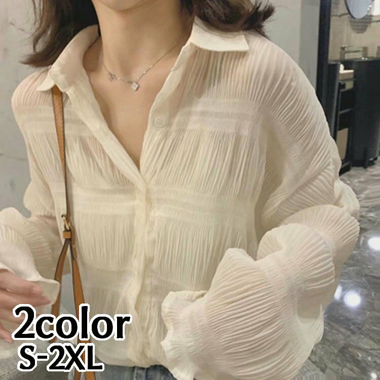 乐天商城 - 送料無料 シャツ シアーシャツ 細プリーツ加工 ブラウス レディース 婦人服 トップス 長袖 襟付き レギュラーカラー 前ボタン おしゃれ トラッド ふんわり キレイめ系 オフィスファッション 大きいサイズ
