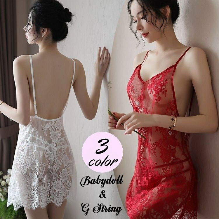 送料無料 ベビードール Tバックショーツ セクシーランジェリー2点セット レディース 勝負下着 花柄レース シースルー 透け感 深Vネック