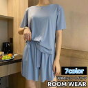 送料無料 ルームウェア パジャマ セットアップ 上下 2点セット レディース 女性 半袖 Tシャツ 短パン ショートパンツ ラウンドネック トップス ボトムス 薄手 無地 単色 シンプル カジュアル 部屋着 婦人服