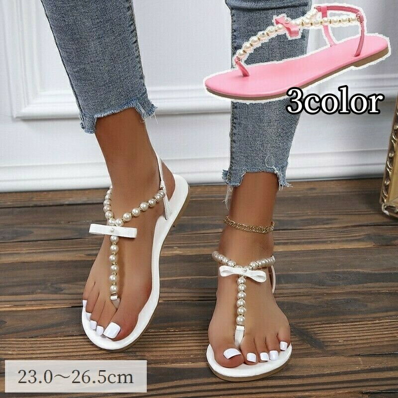 送料無料 トングサンダル レディース 女性用 靴 フラットソール ぺたんこ パール風 フェイクパール リボン アンクルストラップ 大きいサイズ エレガント かわいい おしゃれ フェミニン シューズ ピンク ブラック ホワイト 黒 白