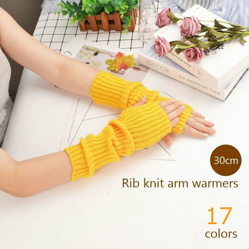 送料無料 アームウォーマー 指なし手袋 ロング 30cm リブニット 防寒 秋冬 フィンガーレス レディース ロンググローブ 無地 温か アームカバー ブラック ホワイト ブルー グレー
