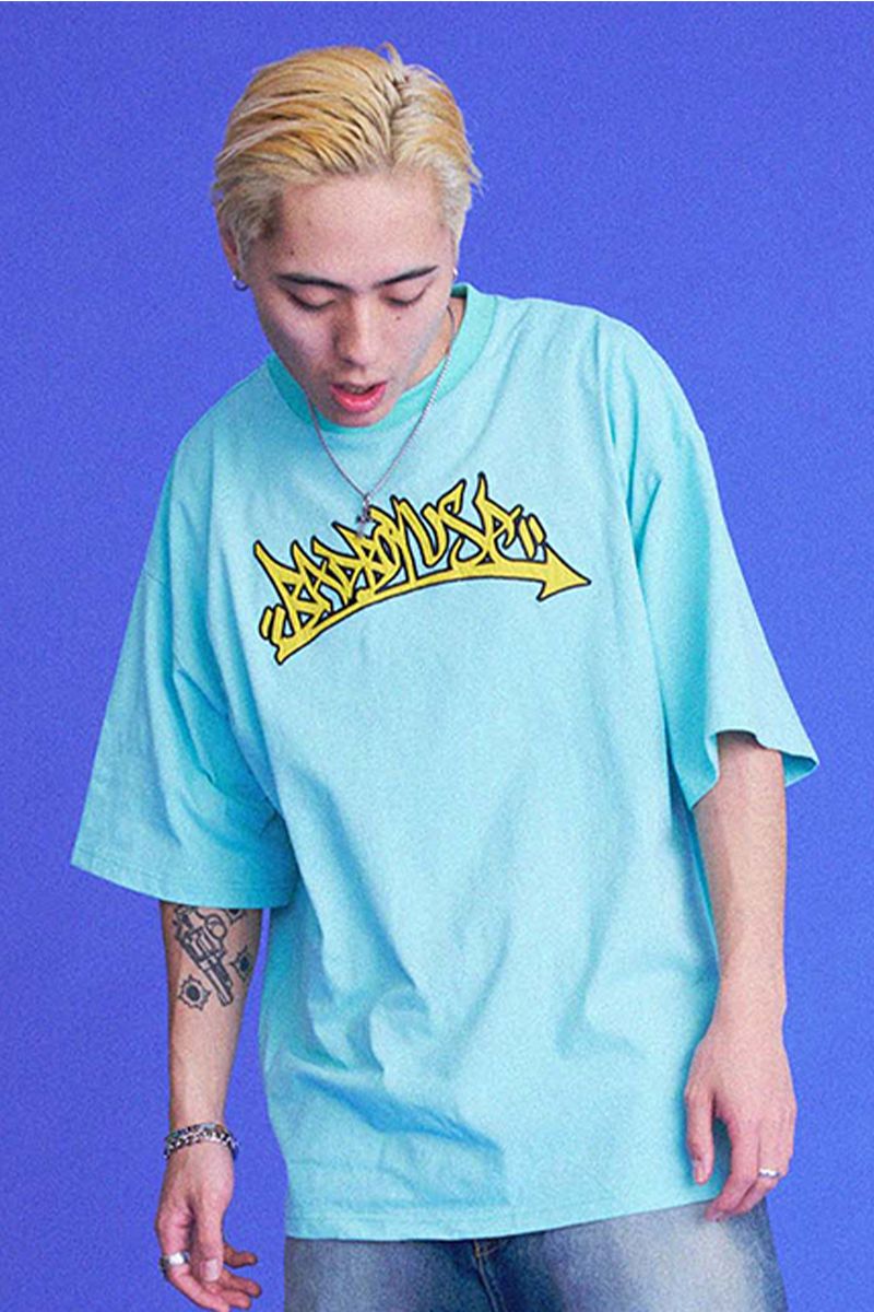 BAD BOY (obh{[C)@RAKUGAKI LOGO WAPPEN TEE BLUE