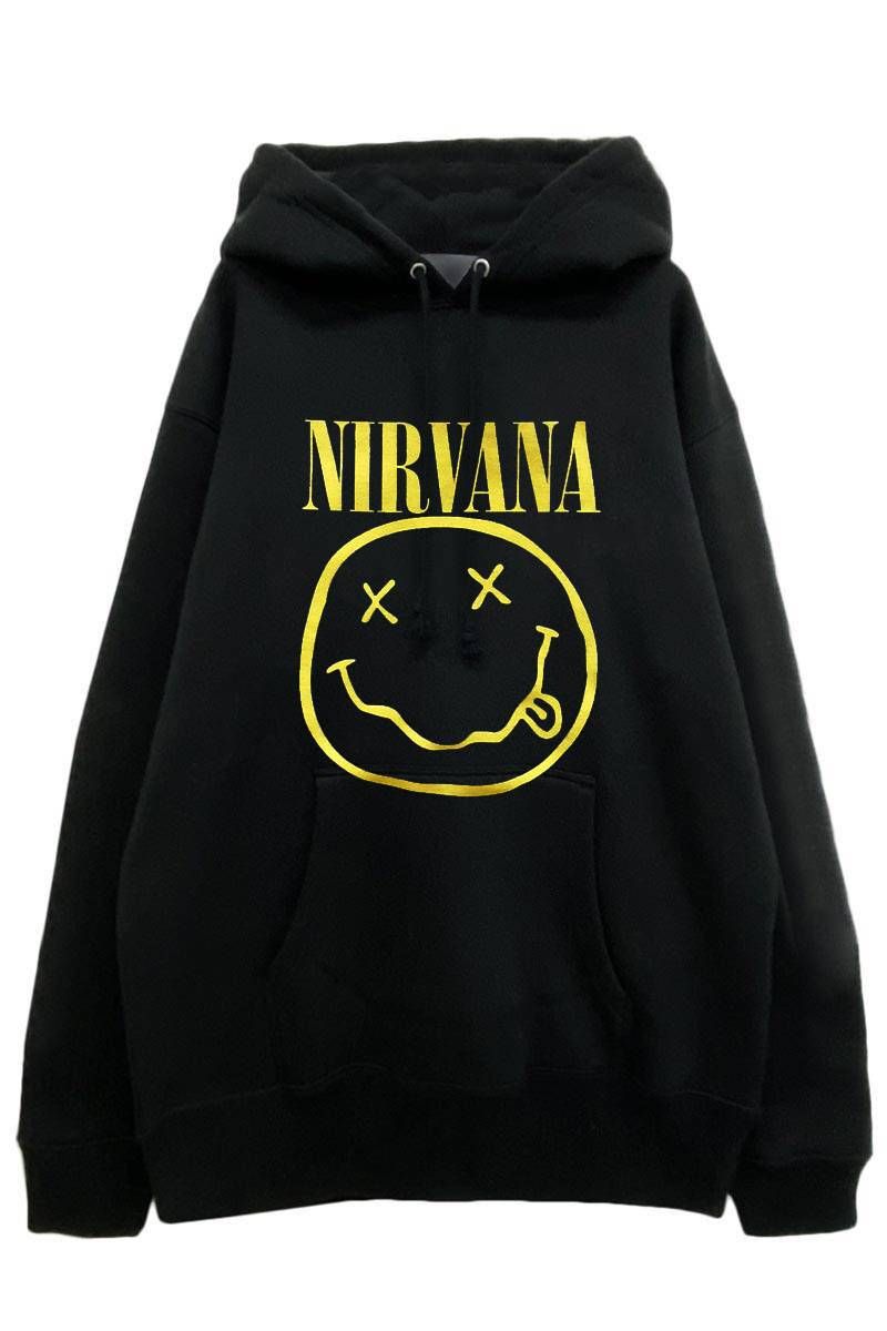 NIRVANA UNISEX PULLOVER HOODIE: YELLOW HAPPY FACE BLACK