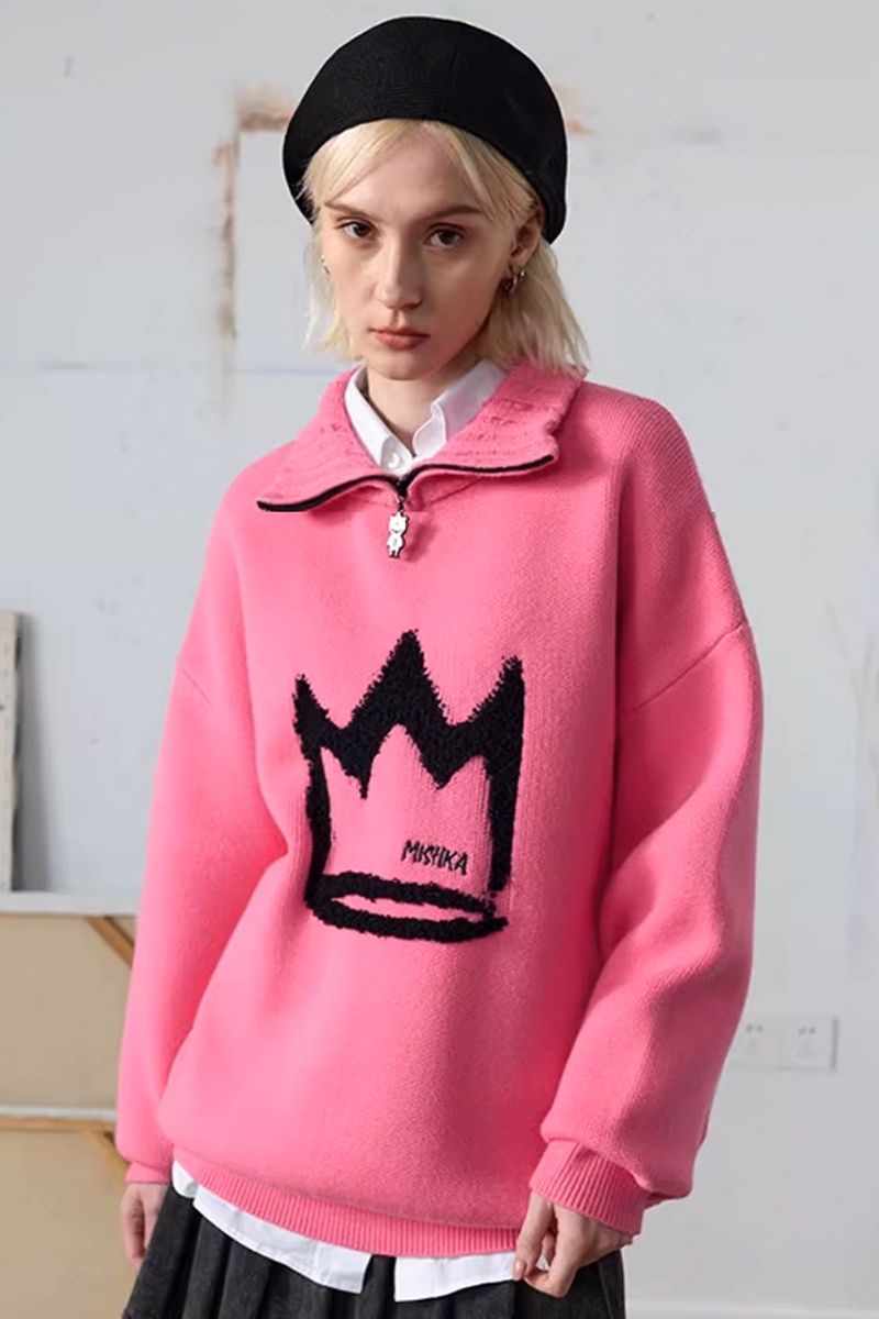 MISHKA (~VJ) LOGO HALF ZIP KNIT PINK