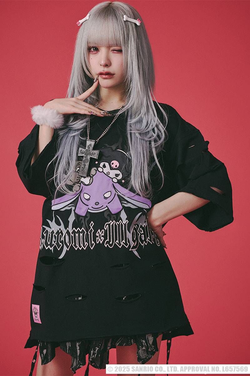 クロミ×GALFY(ガルフィー) イルガルフィーボロボロ半袖TEE - Black