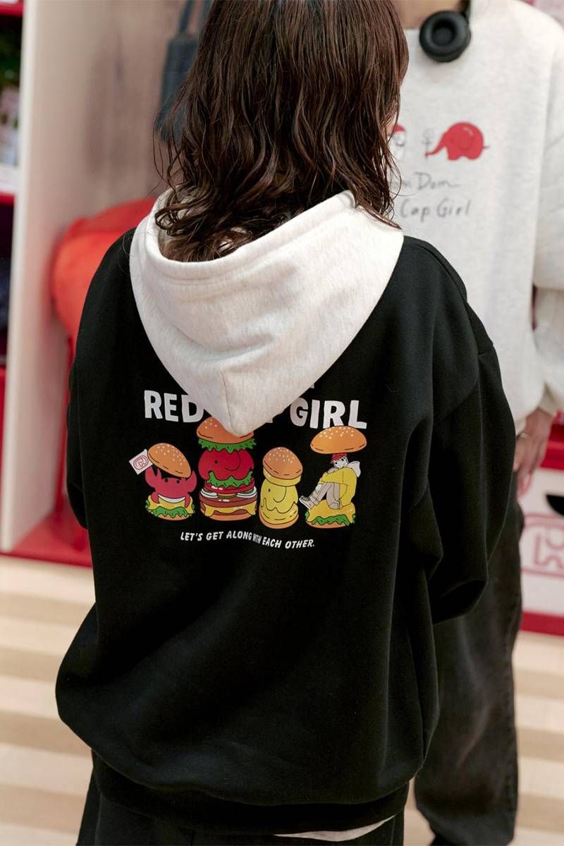 ドムドムハンバーガー×Red Cap Girl(レッド・キャップ・ガール) 裏起毛 フード配色 プルパーカー - Black