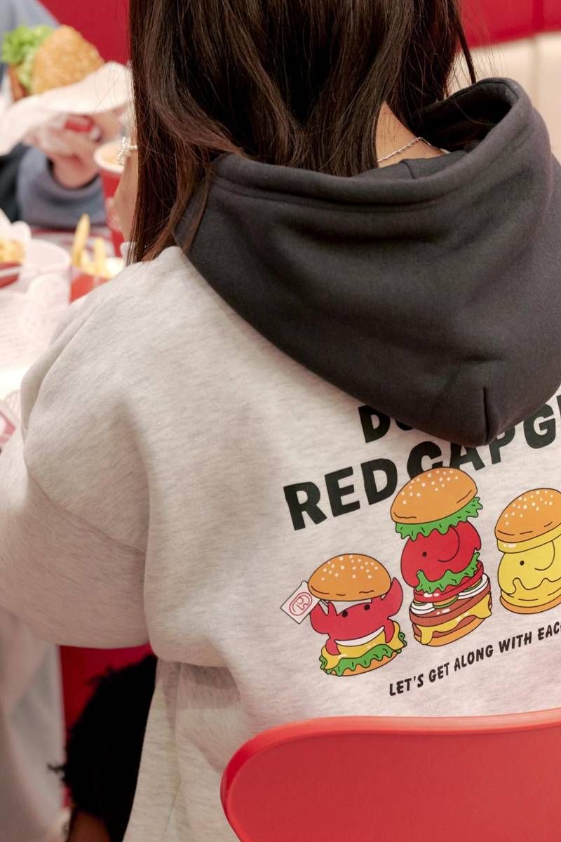 ドムドムハンバーガー×Red Cap Girl(レッド・キャップ・ガール) 裏起毛 フード配色 プルパーカー - Ash Gray