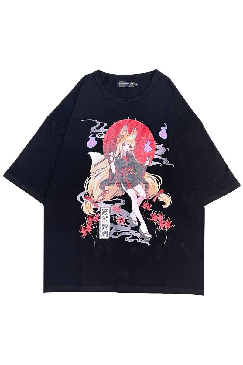 寝田ルネ×PSYCHO NATION(サイコ・ネーション) キツネ着物Tee - Black