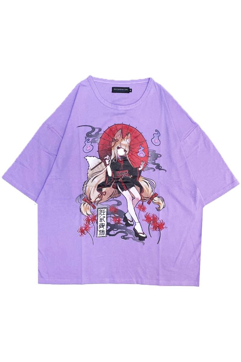 寝田ルネ×PSYCHO NATION(サイコ・ネーション) キツネ着物Tee - Purple
