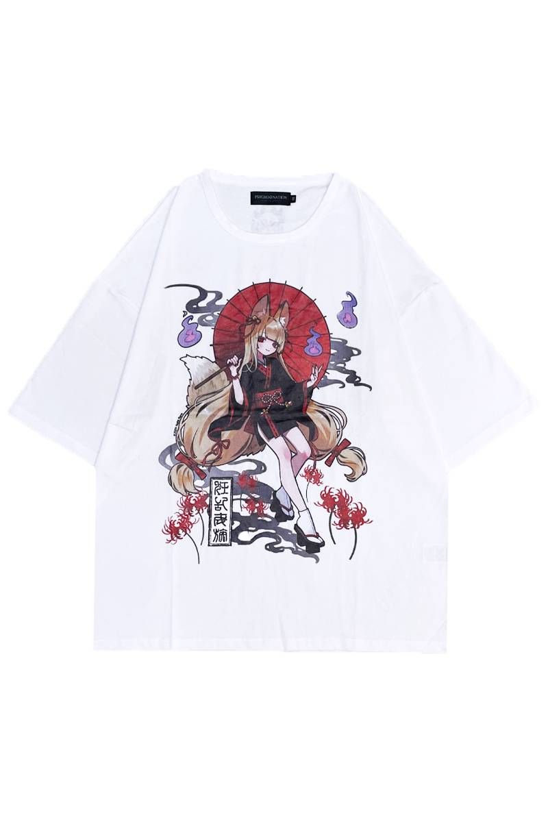 寝田ルネ×PSYCHO NATION(サイコ・ネーション) キツネ着物Tee - White