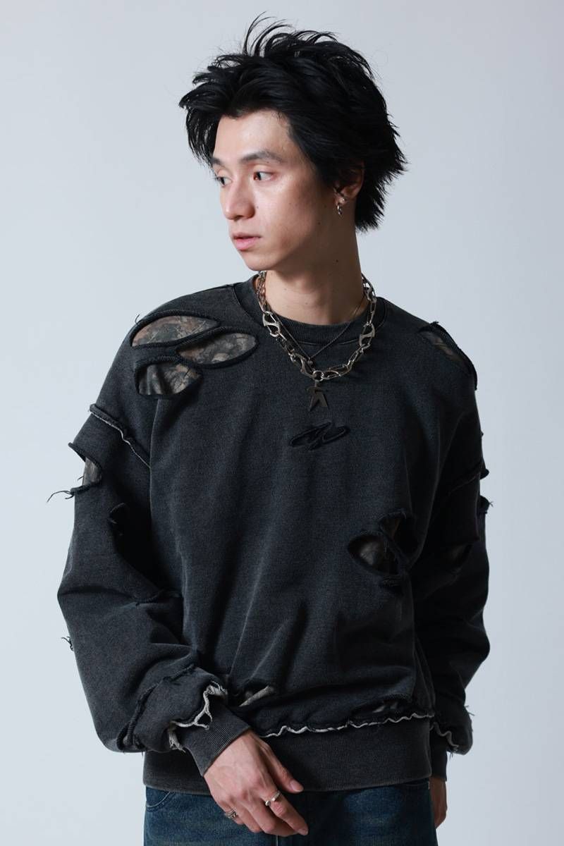 P.N UNDERGROUND(サイコ・ネーション・アンダーグラウンド) ダメージアンサンブルクルーネック - Black