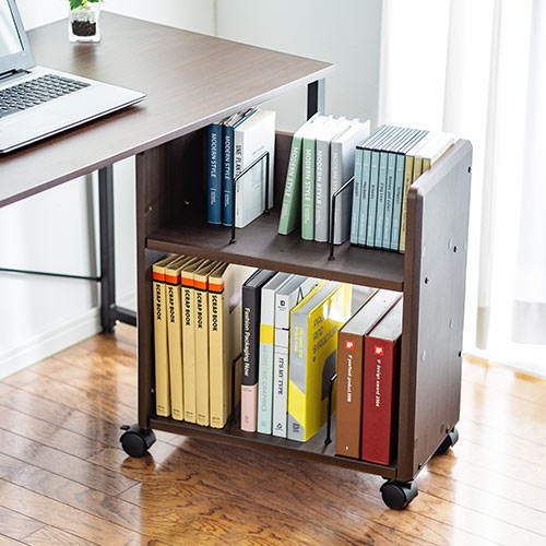 ファイルワゴン 2段 木製 キャスター付 斜め棚 耐荷重30kg 仕切りつき EZ1-WG007M