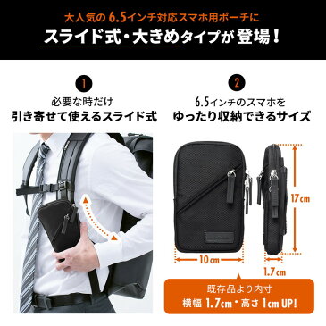 【ポイント5倍~10/25まで】スマホポーチ リュックベルト用 ショルダーベルト取付 6.5インチ対応 スマホケース シングル 耐水生地 ブラック 200-BAGOP2WP サンワサプライ