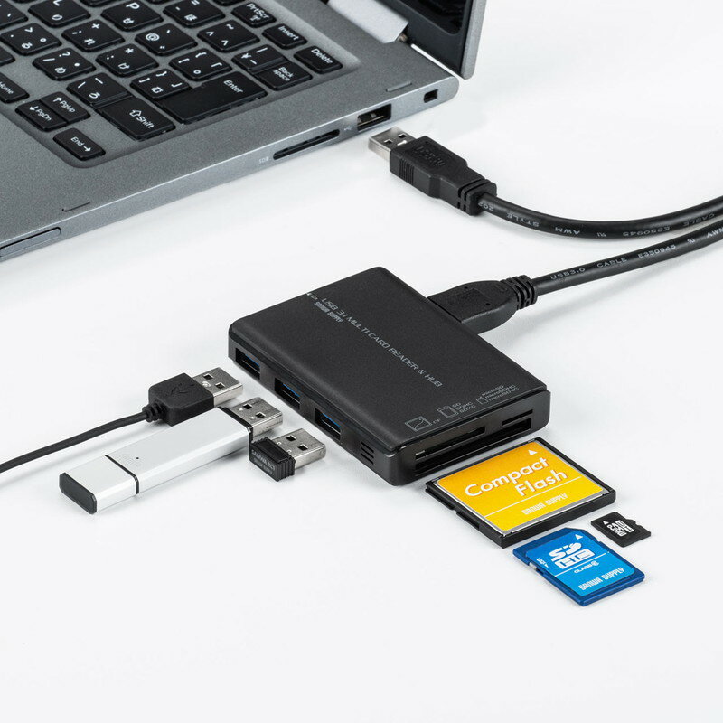 カードリーダー USBハブ付き SDカード microSDカード コンパクトフラッシュ USB3.1 Gen1 3スロット 同時認識 400-ADR327BK サンワサプライ